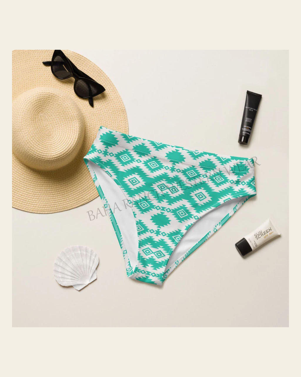 Baha Ranch Yeehaw Turquoise Aztec Bikini Bottom on a warm cream background