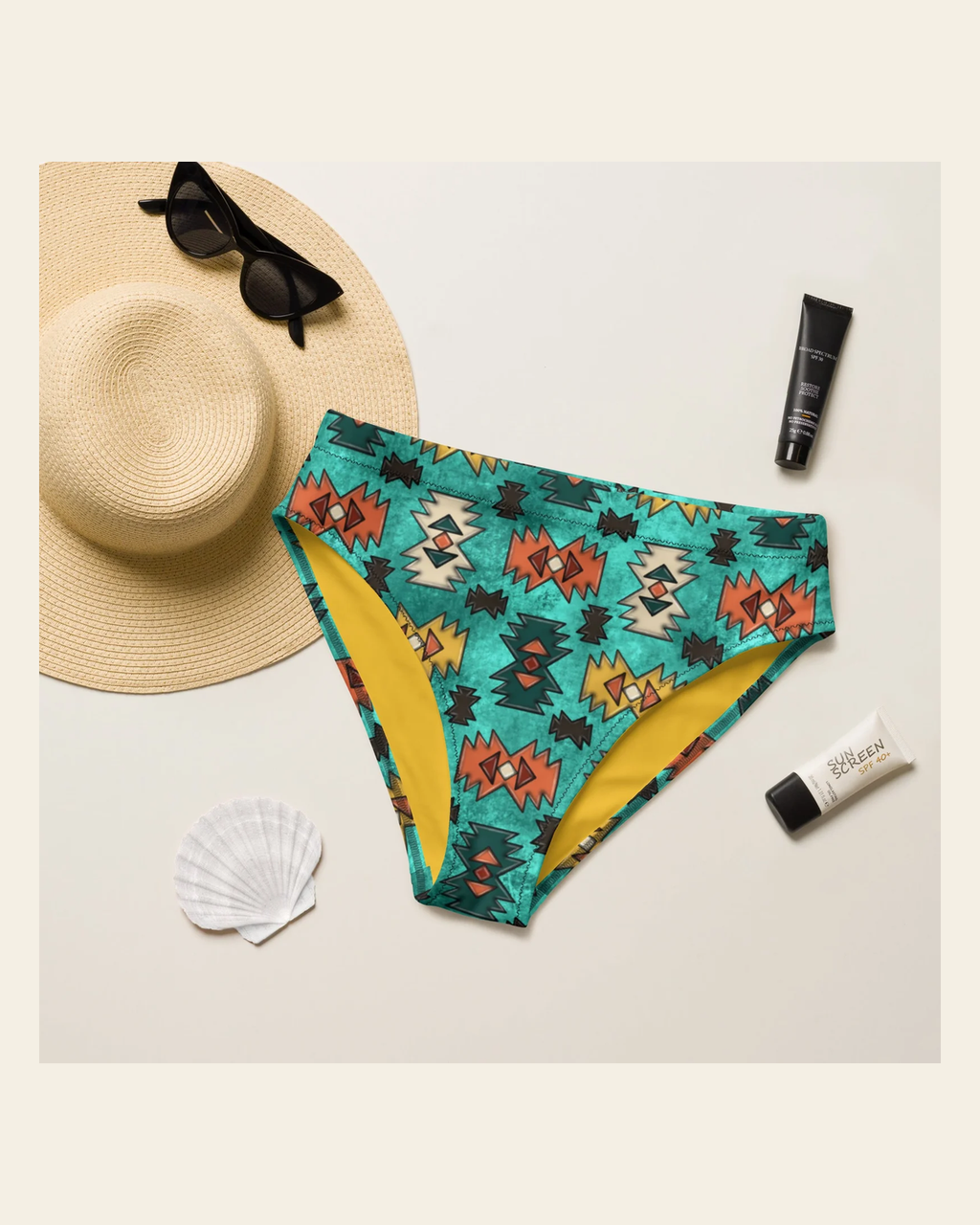 Baha Ranch Yeehaw Turquoise Aztec Bikini Bottom on a warm cream background