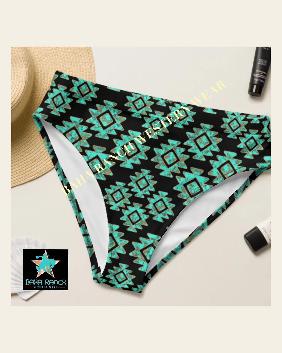 Baha Ranch Yeehaw Turquoise Aztec Bikini Bottom on a warm cream background