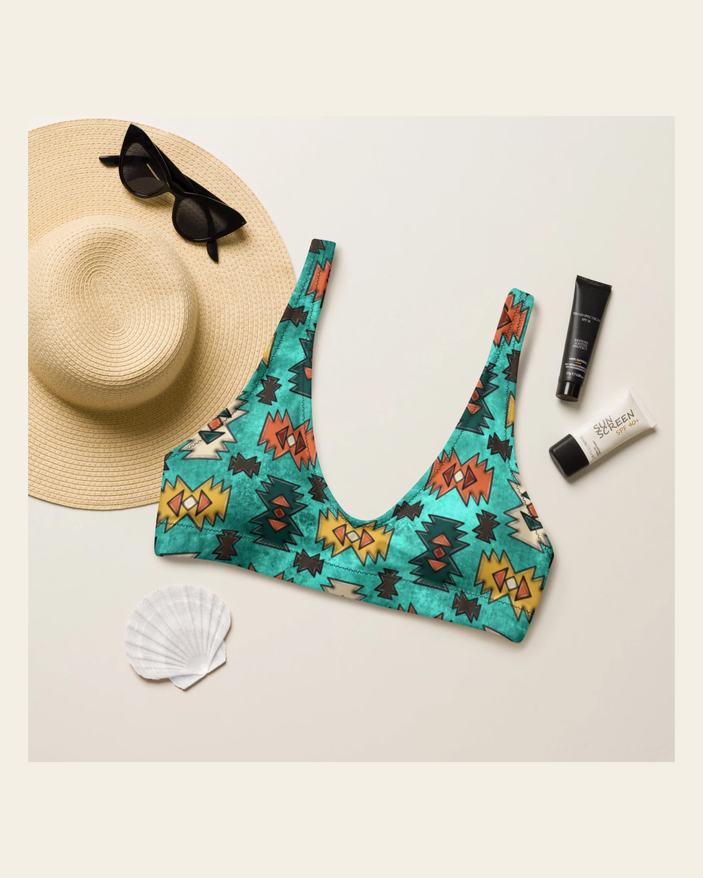 Baha Ranch Yeehaw Turquoise Aztec Bikini Top on a warm cream background