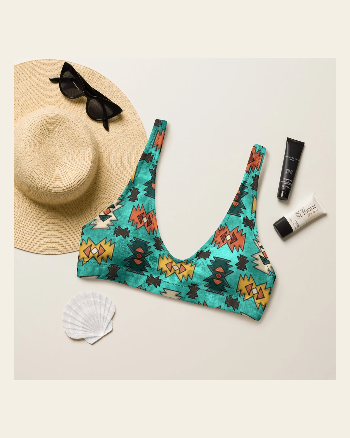 Baha Ranch Yeehaw Turquoise Aztec Bikini Top on a warm cream background