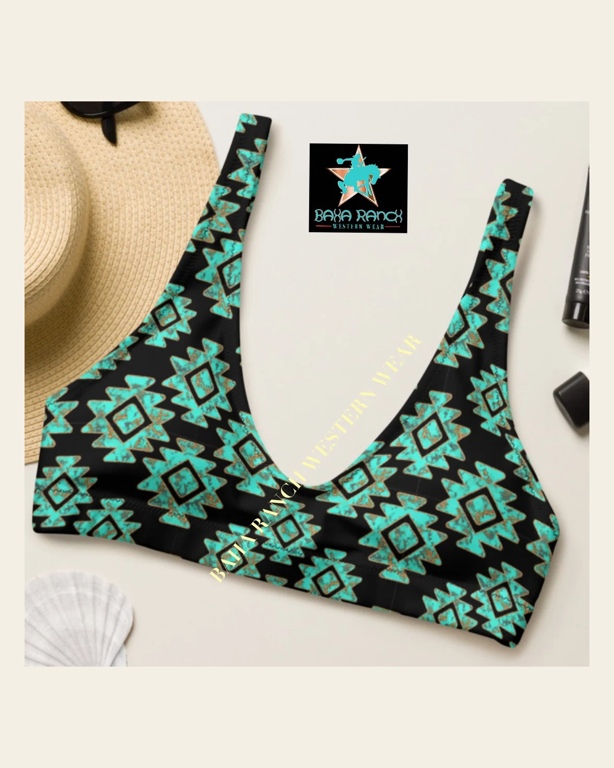 Baha Ranch Yeehaw Turquoise Aztec Bikini Top on a warm cream background