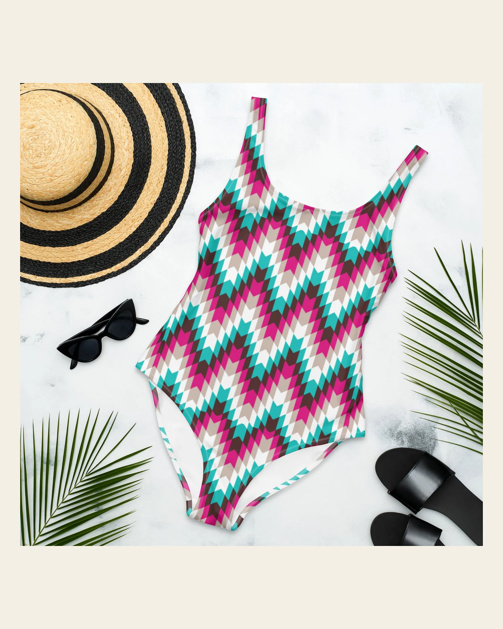 Baha Ranch Yeehaw Turquoise Aztec One-Piece Swimsuit on a warm cream background
