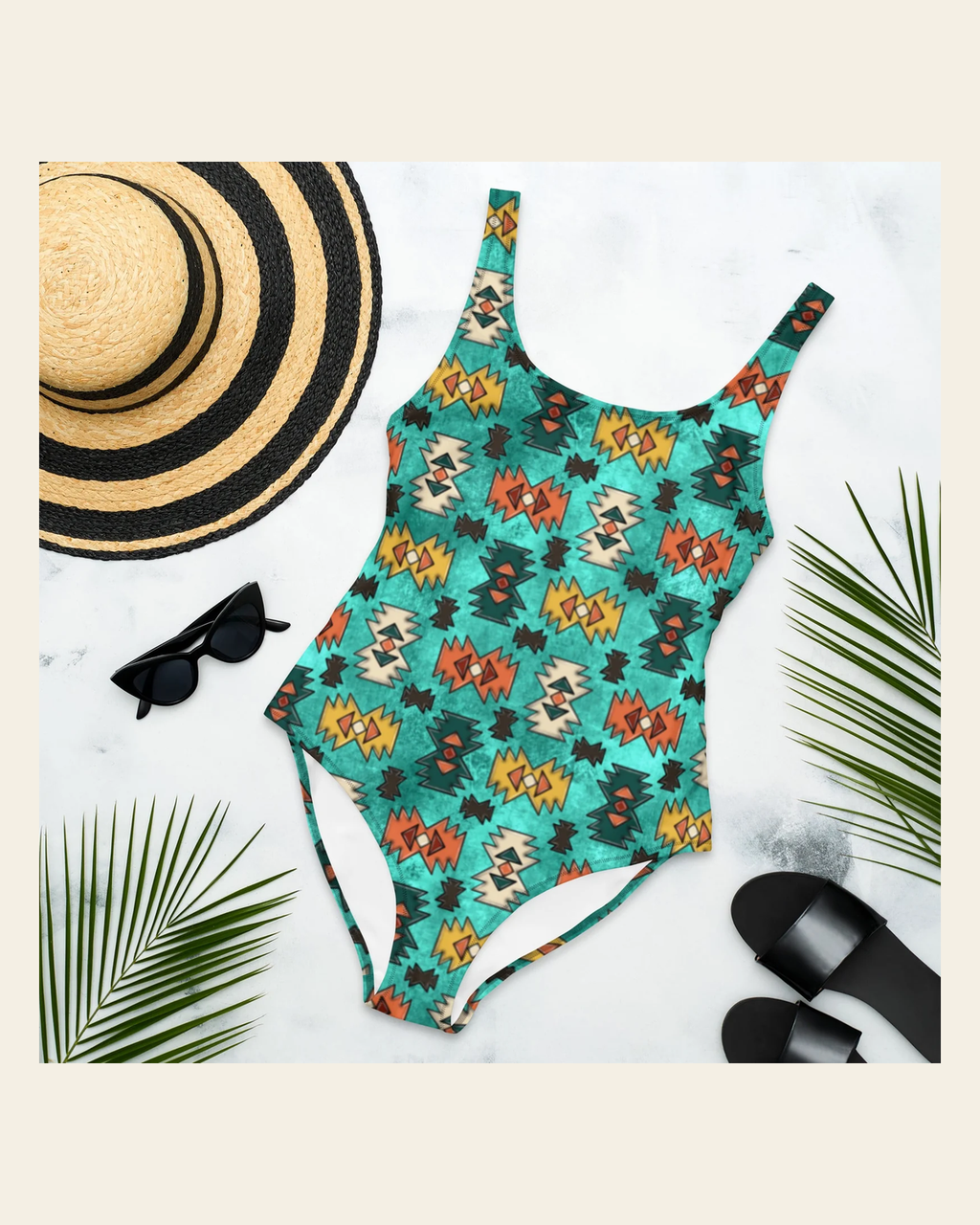 Baha Ranch Yeehaw Turquoise Aztec One-Piece Swimsuit on a warm cream background