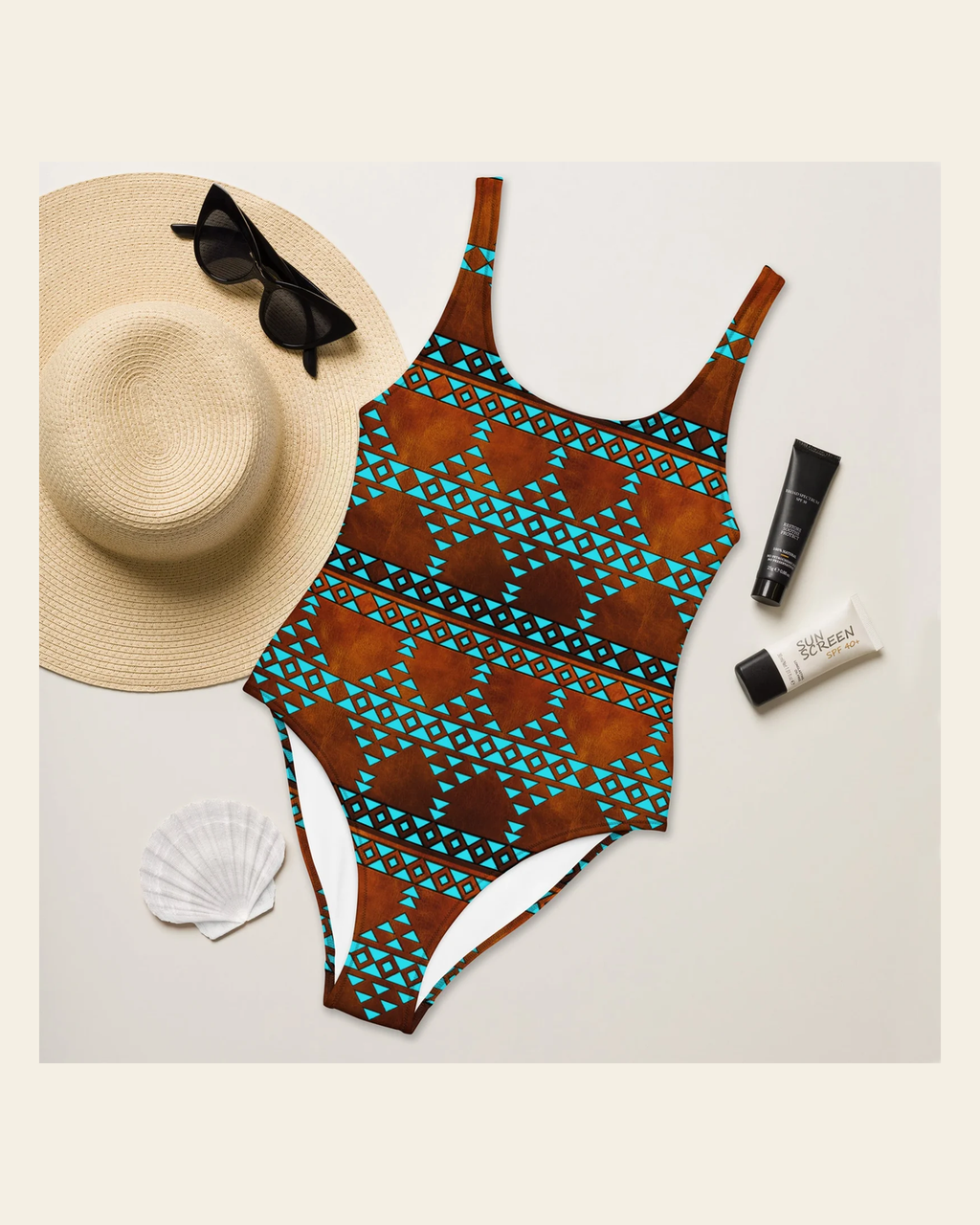 Baha Ranch Yeehaw Turquoise Aztec One-Piece Swimsuit on a warm cream background