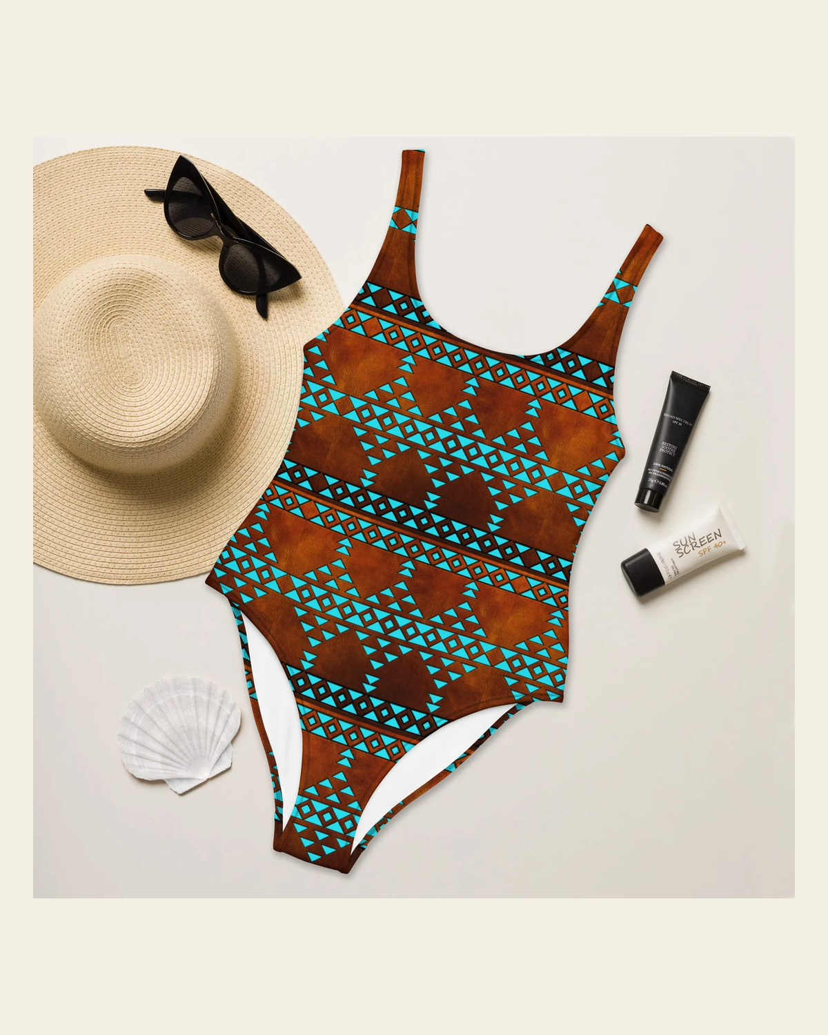 Baha Ranch Yeehaw Turquoise Aztec One-Piece Swimsuit on a warm cream background