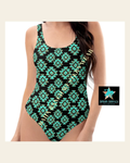 Baha Ranch Yeehaw Turquoise Aztec One-Piece Swimsuit on a warm cream background