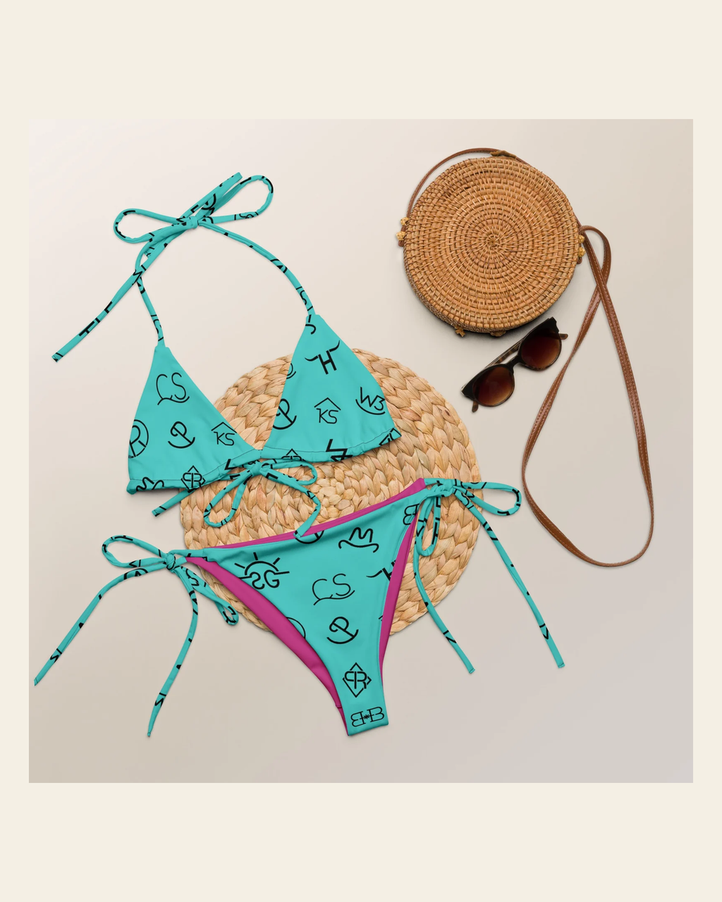 Baha Ranch Yeehaw Turquoise Cattle Brands String Bikini on a warm cream background