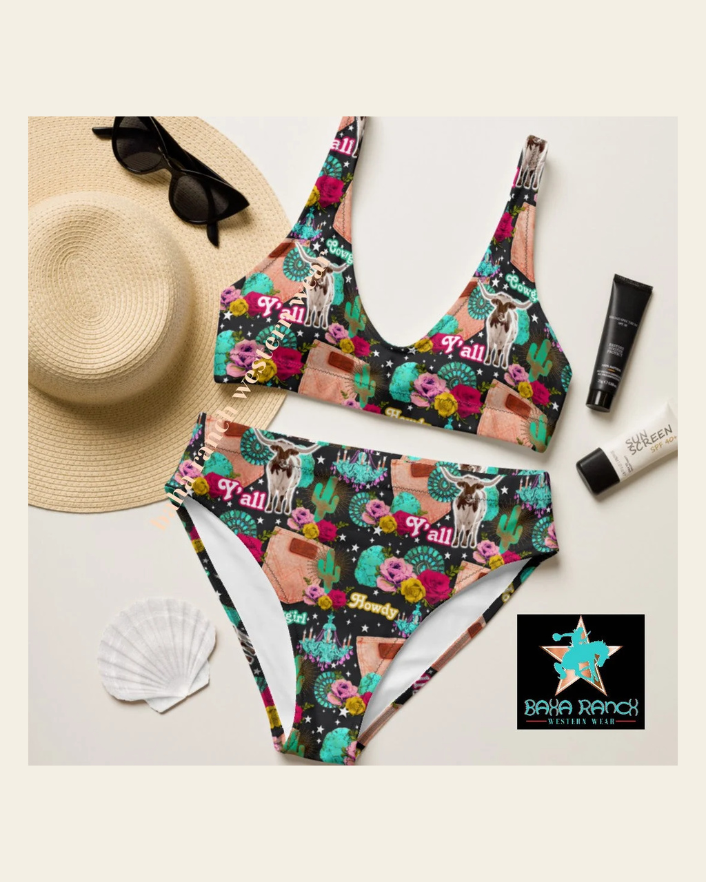 Baha Ranch Yeehaw Turquoise Cowgirl Bikini on a warm cream background