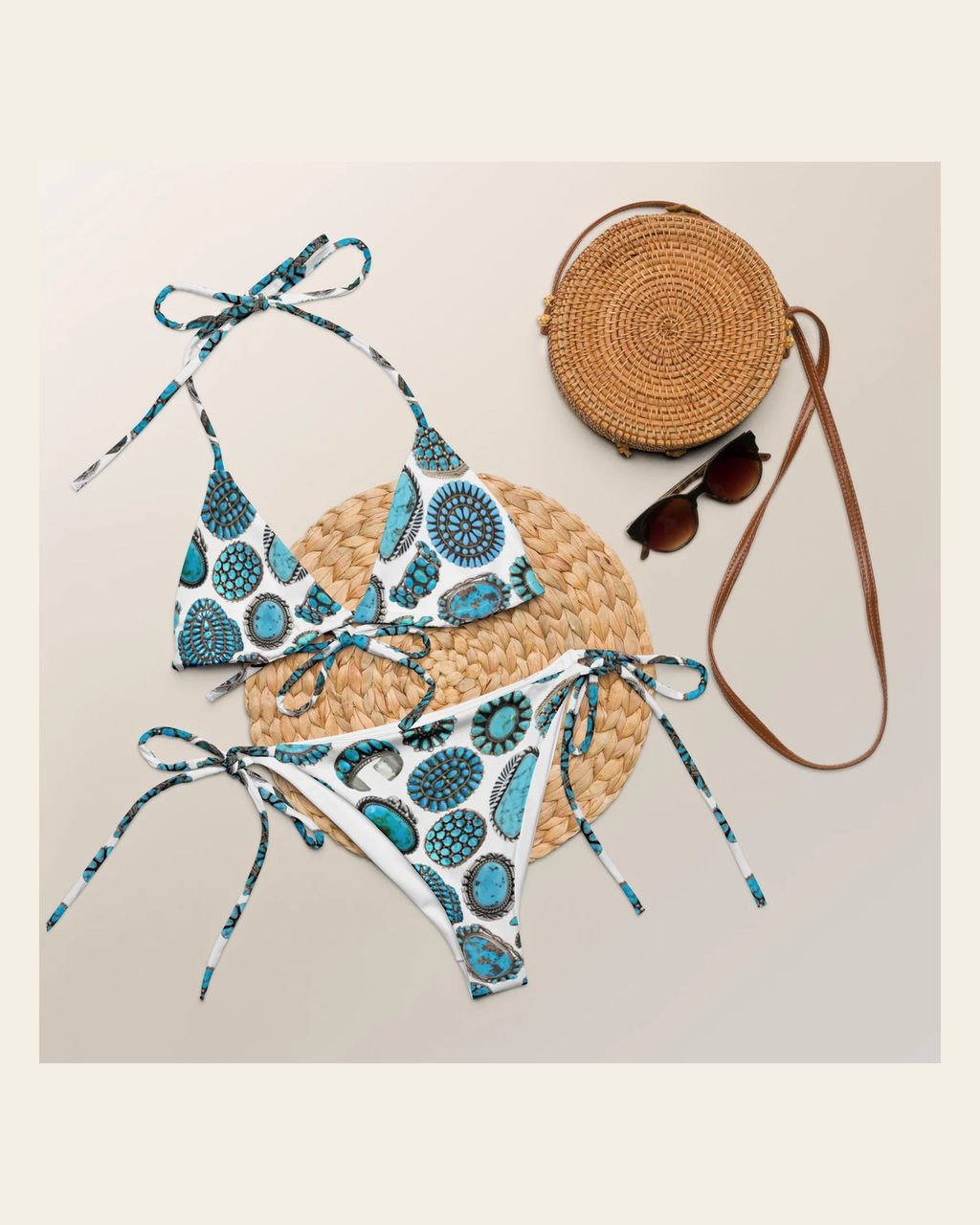 Baha Ranch Yeehaw Turquoise Crazy String Bikini on a warm cream background