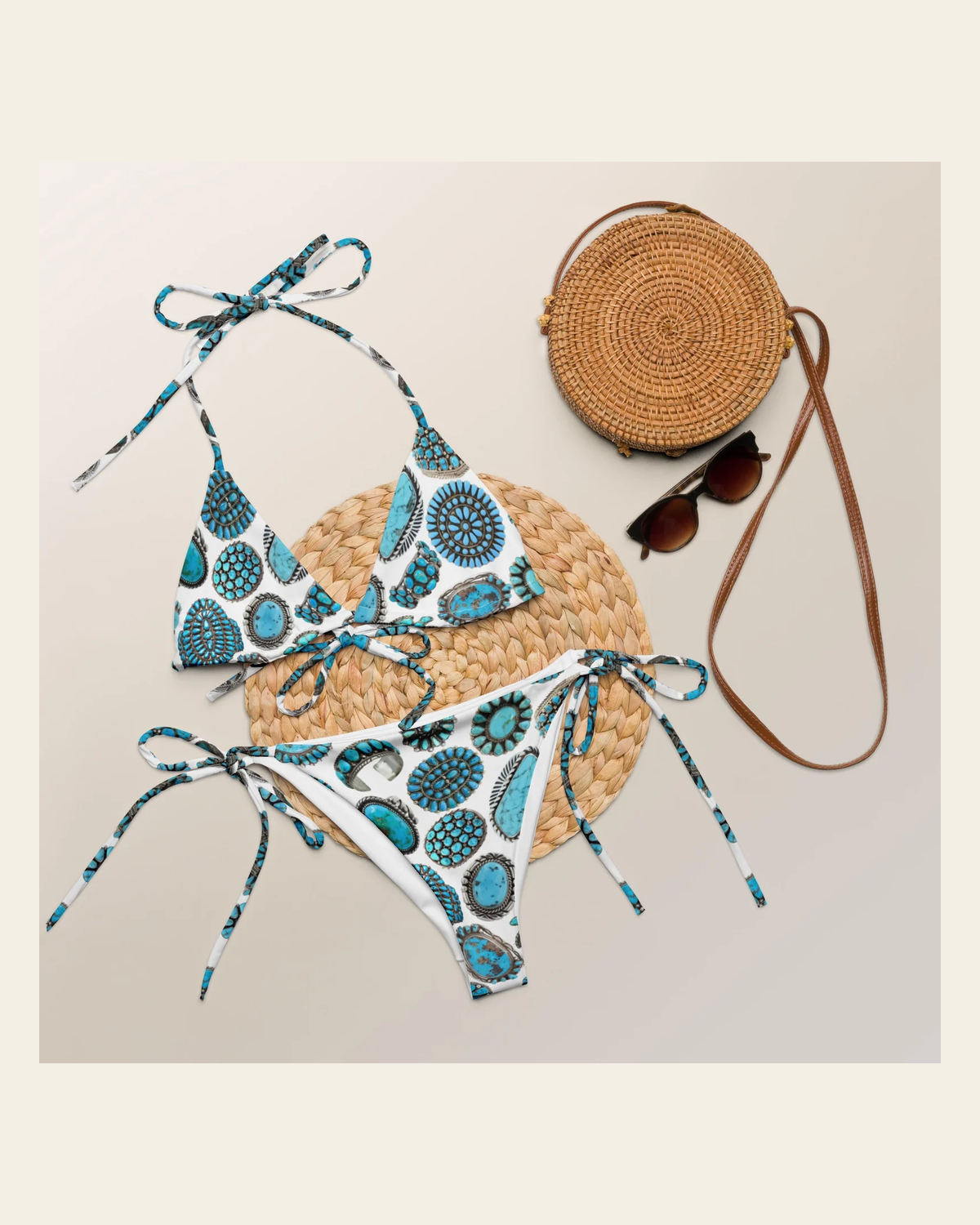 Baha Ranch Yeehaw Turquoise Crazy String Bikini on a warm cream background