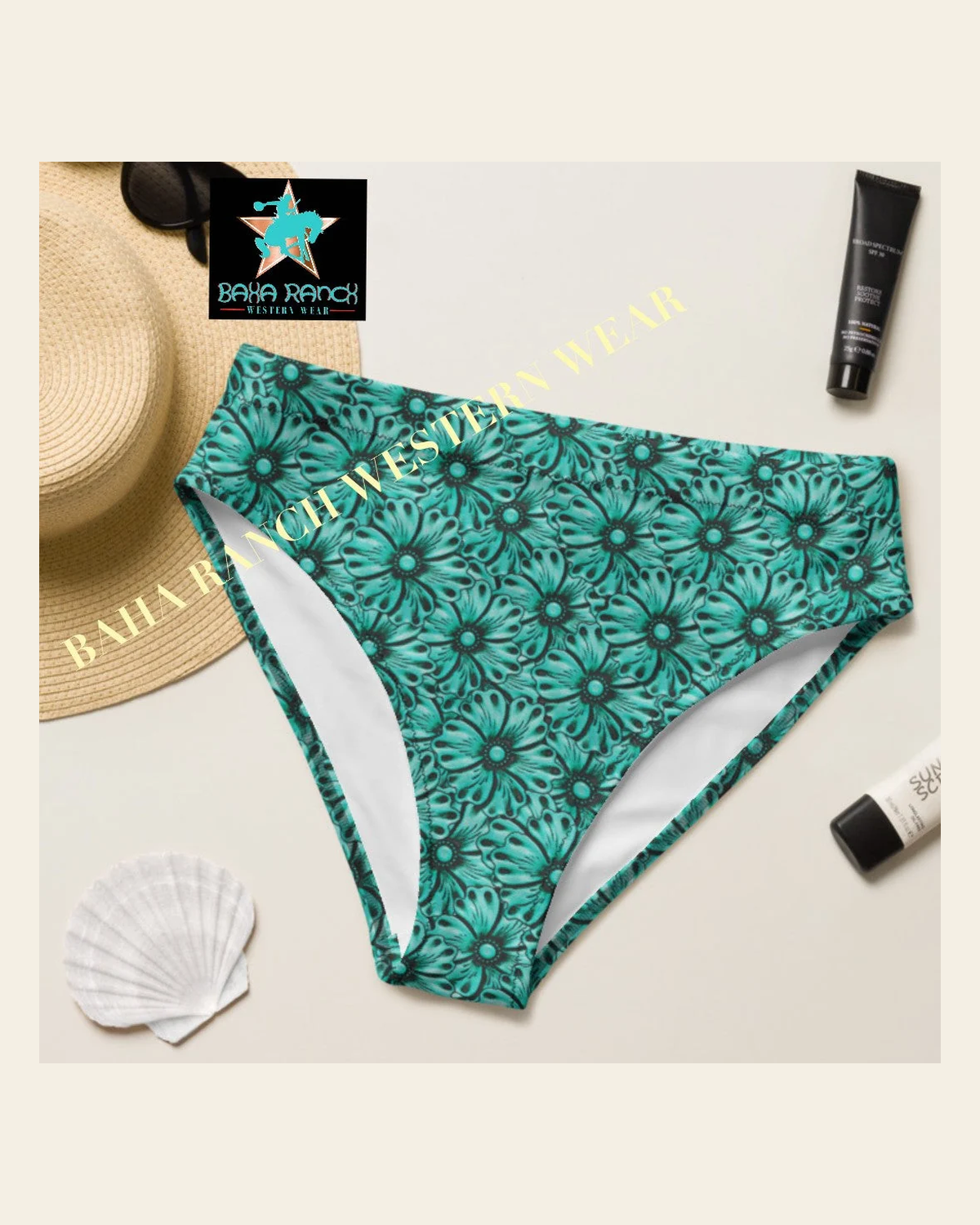 Baha Ranch Yeehaw Turquoise Floral Leather Print Bikini Bottom on a warm cream background