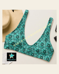 Baha Ranch Yeehaw Turquoise Floral Leather Print Bikini Top on a warm cream background