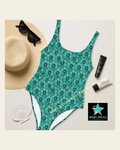 Baha Ranch Yeehaw Turquoise Floral Leather Print One-Piece Swimsuit on a warm cream background