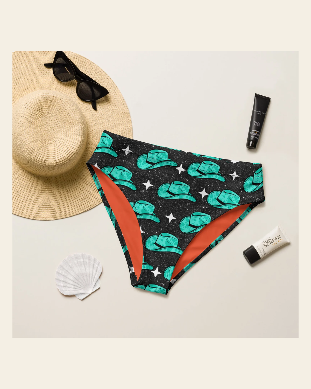 Baha Ranch Yeehaw Turquoise Hat Bikini Bottom on a warm cream background