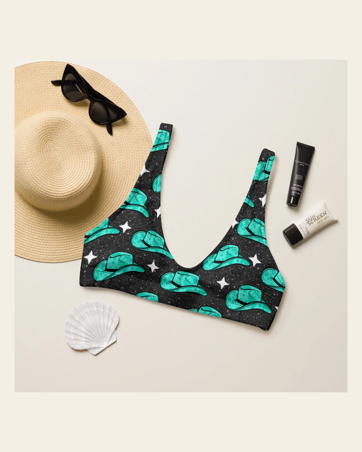 Baha Ranch Yeehaw Turquoise Hat Bikini Top on a warm cream background