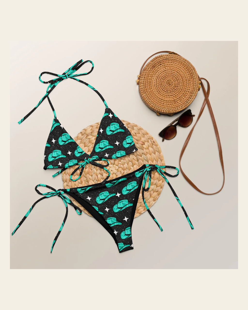 Baha Ranch Yeehaw Turquoise Hat String Bikini on a warm cream background