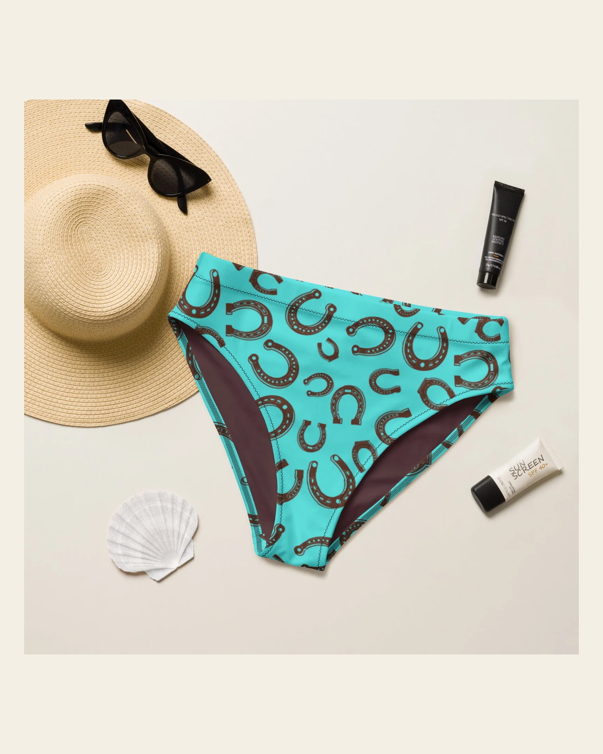 Baha Ranch Yeehaw Turquoise Horseshoe Bikini Bottom on a warm cream background