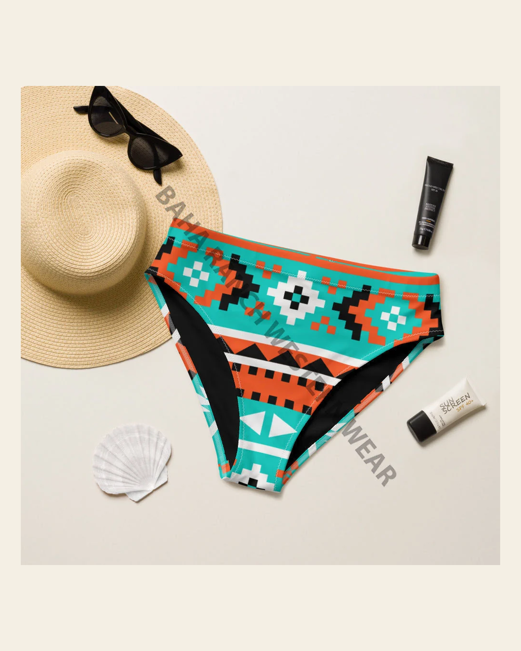 Baha Ranch Yeehaw Turquoise Orange Aztec Bikini Bottom on a warm cream background