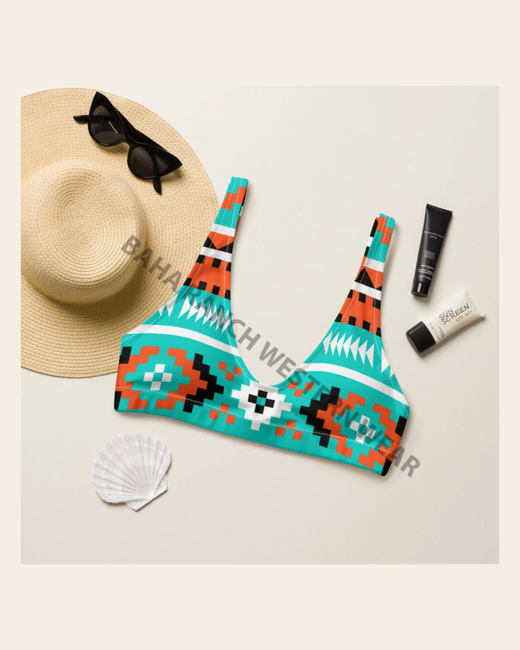 Baha Ranch Yeehaw Turquoise Orange Aztec Bikini Top on a warm cream background