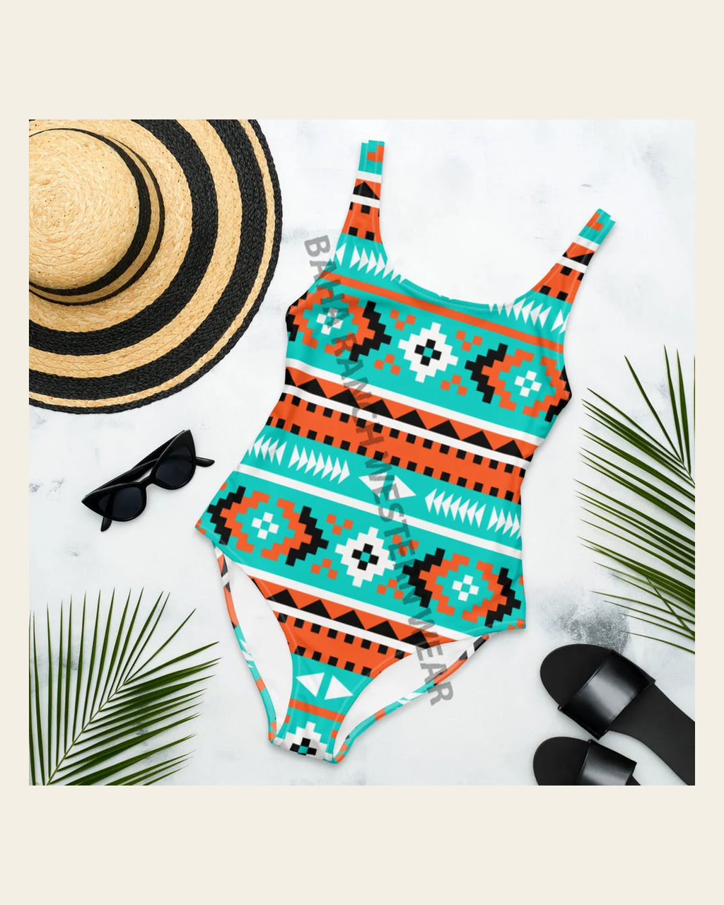 Baha Ranch Yeehaw Turquoise Orange Aztec One-Piece Swimsuit on a warm cream background