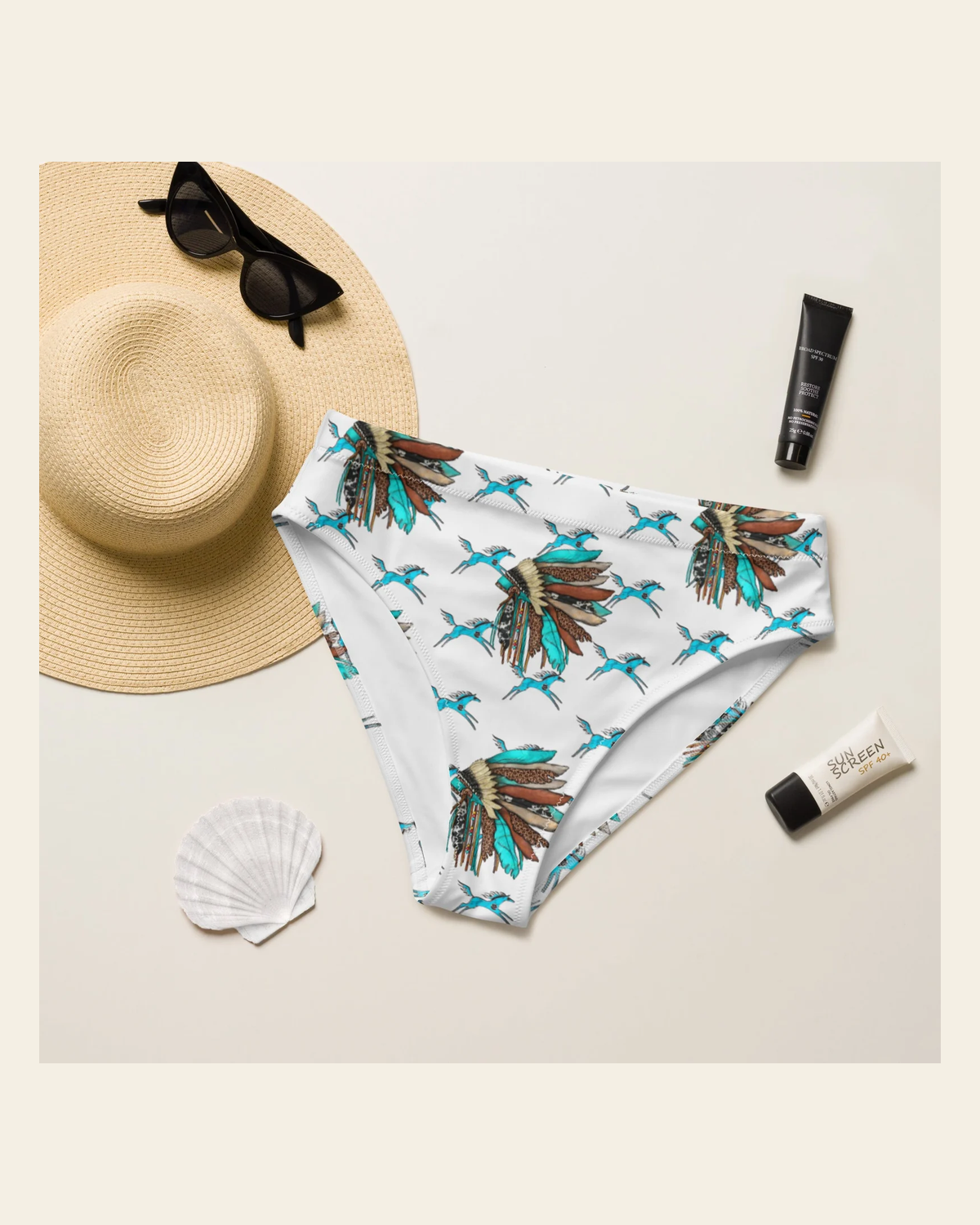 Baha Ranch Yeehaw Turquoise Running Horse Head Dress Bikini Bottom on a warm cream background