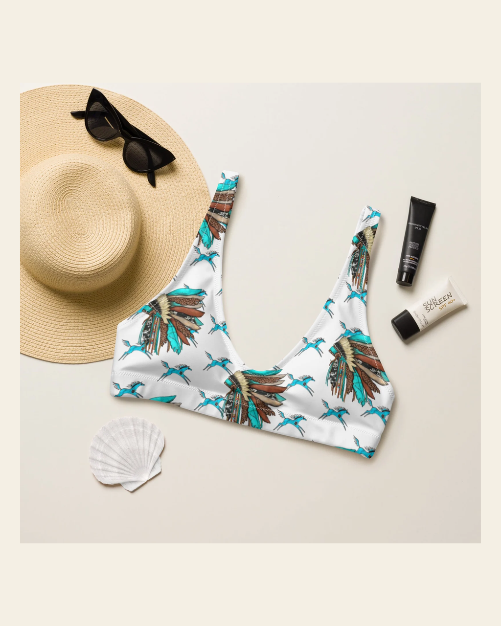 Baha Ranch Yeehaw Turquoise Running Horse Head Dress Bikini Top on a warm cream background