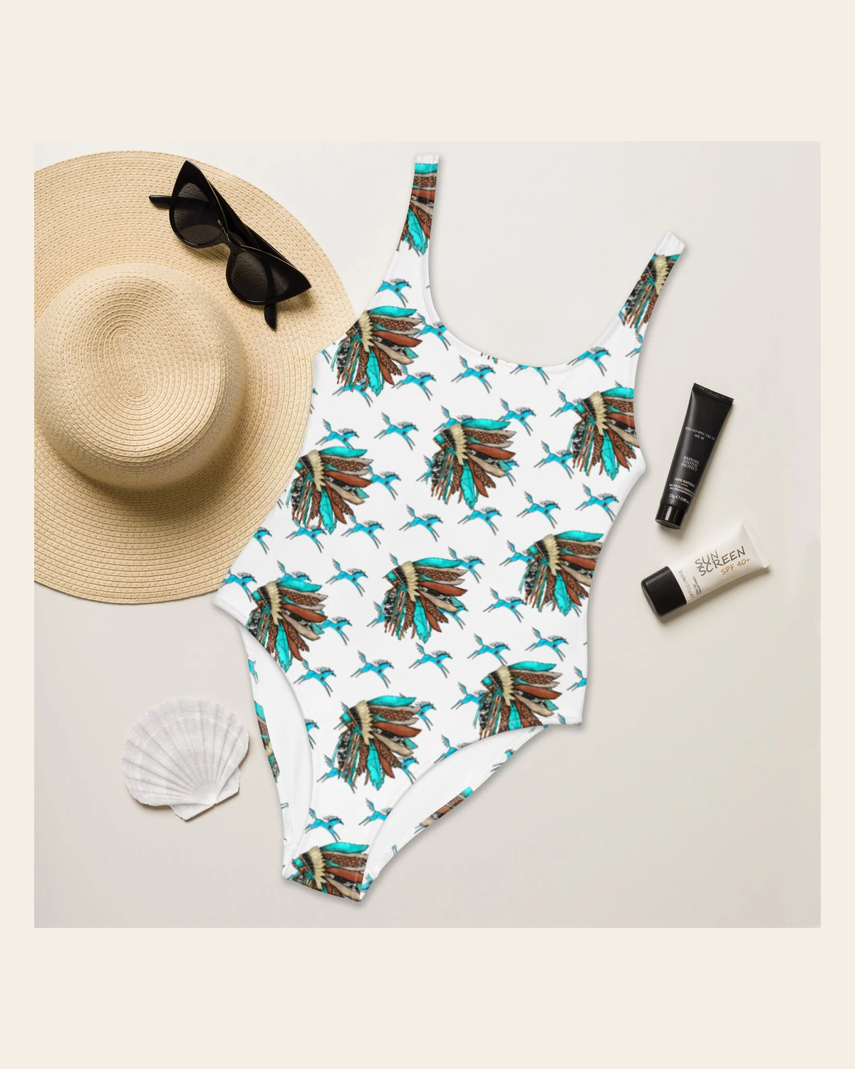 Baha Ranch Yeehaw Turquoise Running Horse Headdress One-Piece Swimsuit on a warm cream background