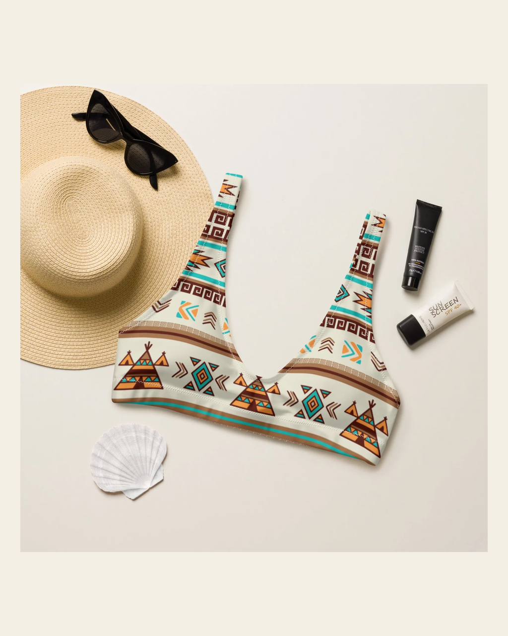 Baha Ranch Yeehaw Turquoise Teepee Bikini Top on a warm cream background