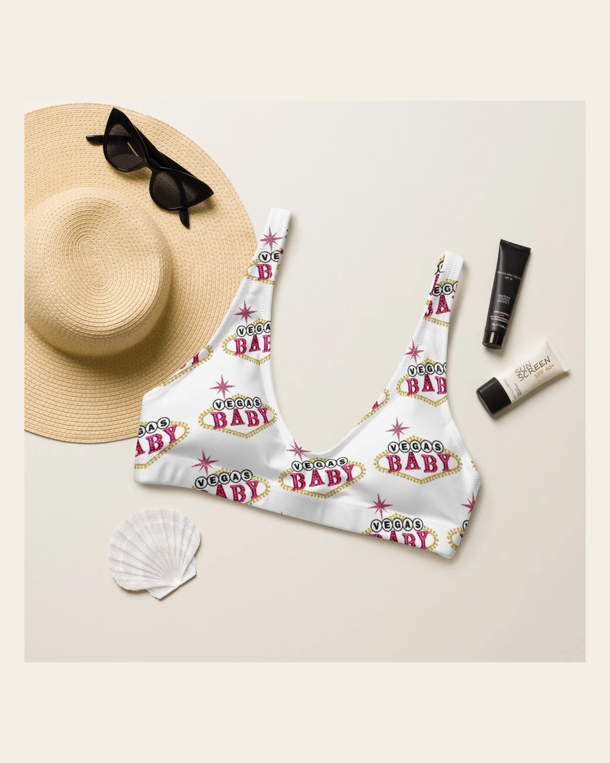Baha Ranch Yeehaw Vegas Baby Bikini Top on a warm cream background