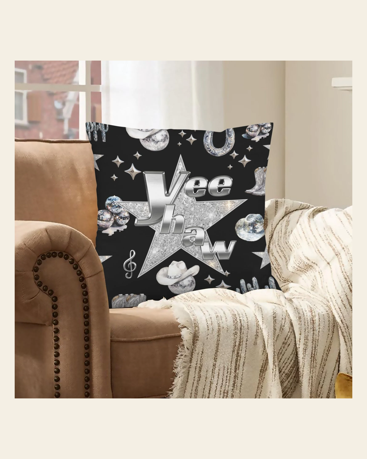 Baha Ranch YEEHAW Velvety Soft Pillow Cover Made in America on a warm cream background