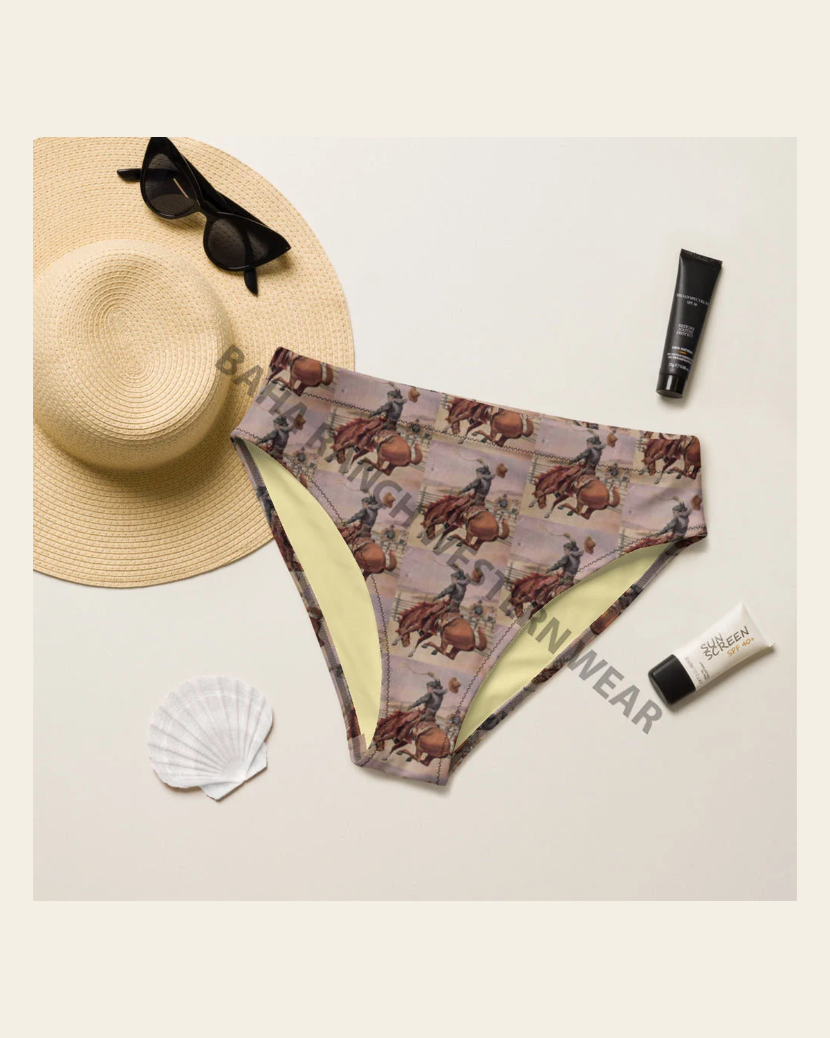 Baha Ranch Yeehaw Vintage Cowboy Bronc Bikini Bottom on a warm cream background