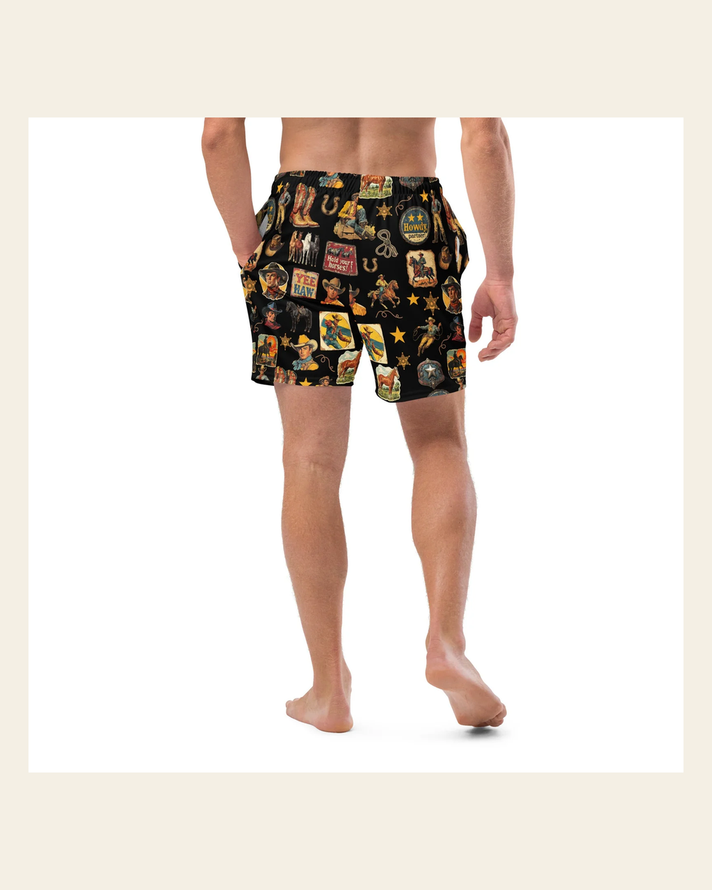 Baha Ranch YEEHAW Vintage Cowboy Collage Western Swim Trunks Shorts on a warm cream background
