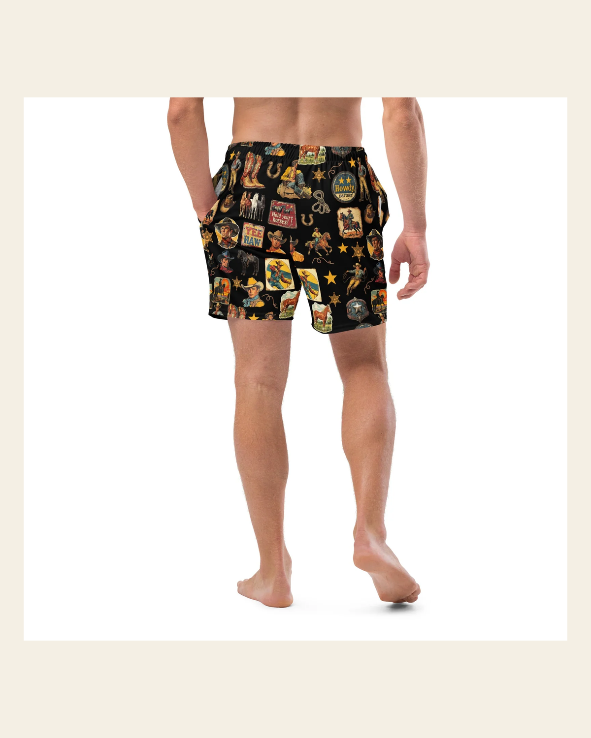 Baha Ranch YEEHAW Vintage Cowboy Collage Western Swim Trunks Shorts on a warm cream background