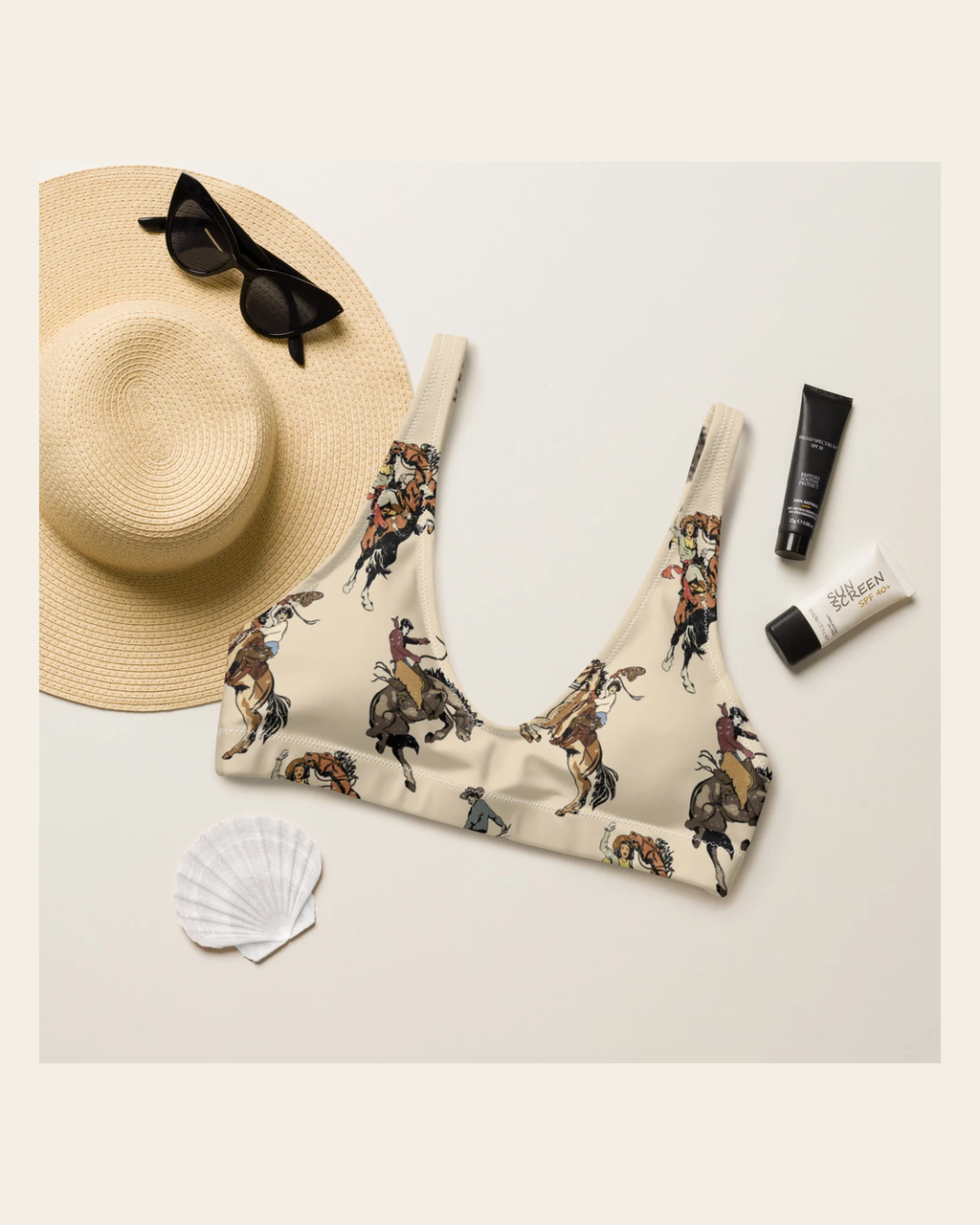 Baha Ranch Yeehaw Vintage Cowgirl Bikini Top on a warm cream background