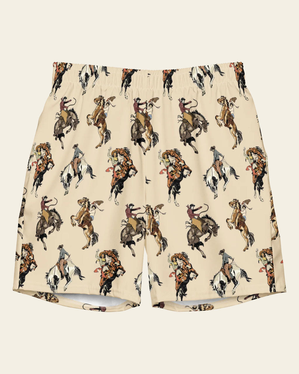 Baha Ranch Yeehaw Vintage Cowgirl Men's Swim Trunks on a warm cream background