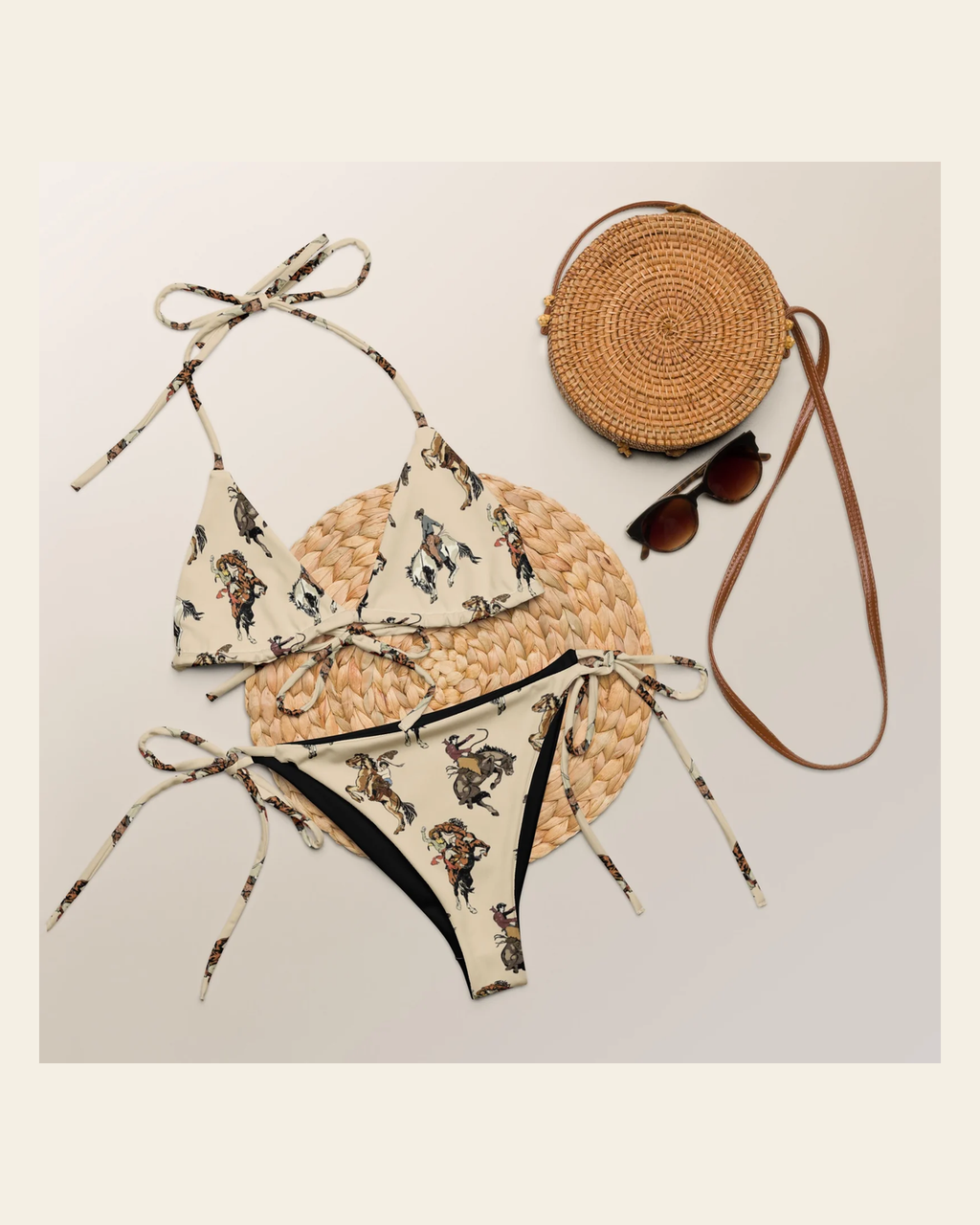 Baha Ranch Yeehaw Vintage Cowgirl String Bikini on a warm cream background