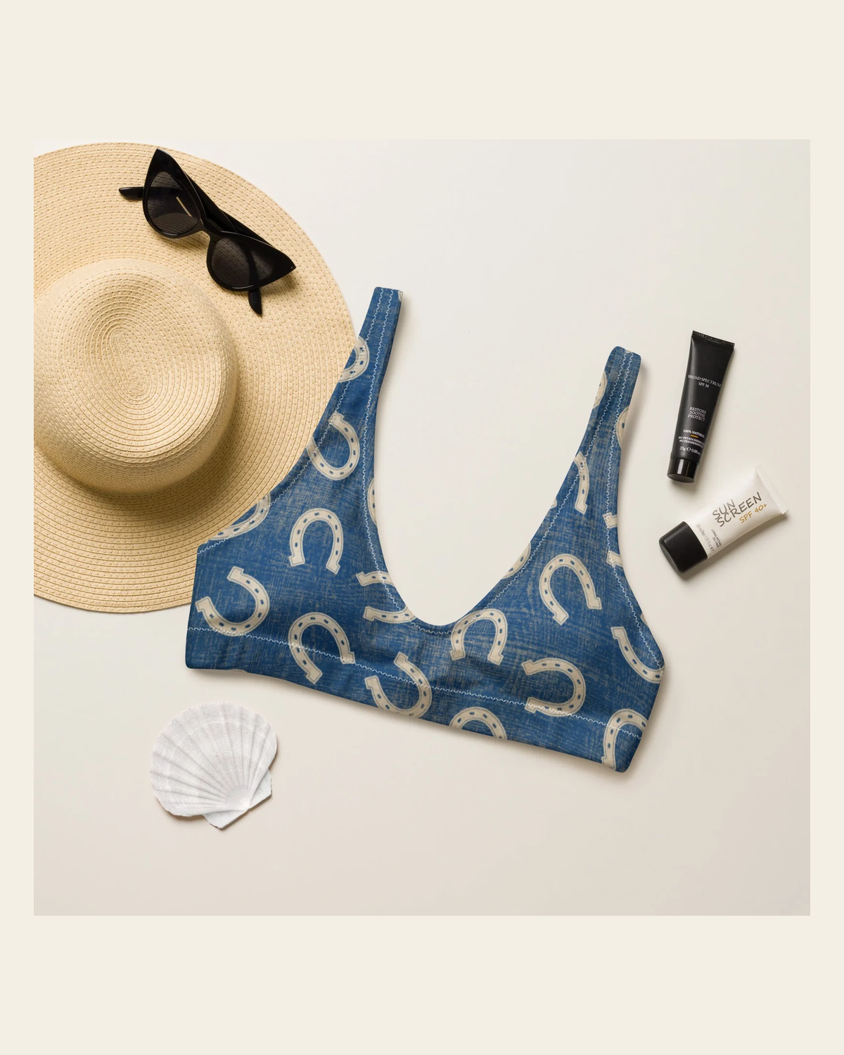 Baha Ranch Yeehaw Vintage Horseshoe Bikini Top on a warm cream background