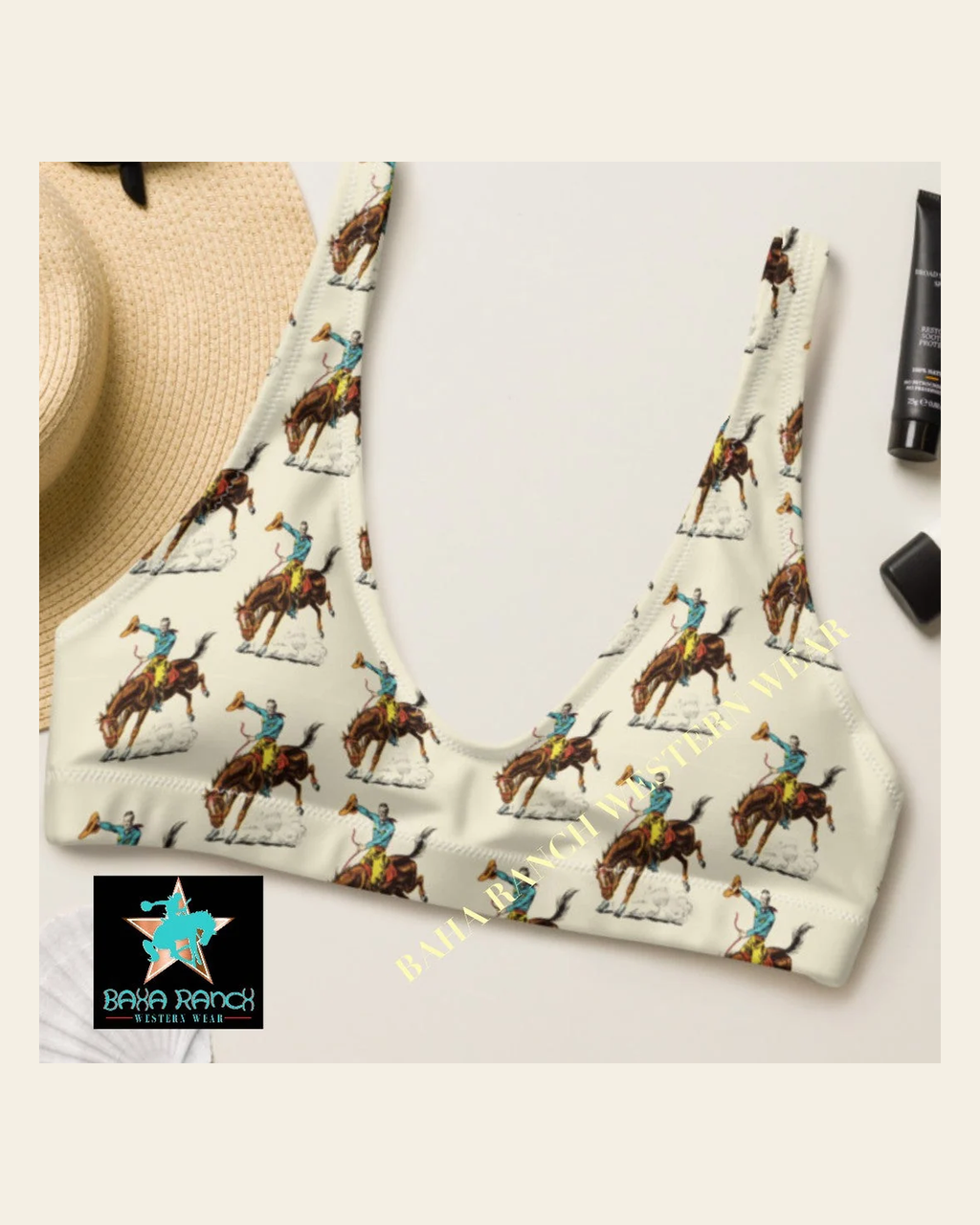 Baha Ranch Yeehaw Vintage Rodeo Cowboy Bikini Top on a warm cream background