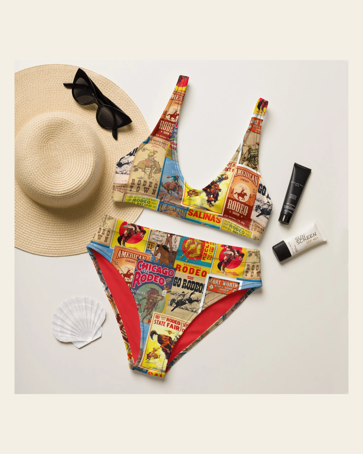 Baha Ranch Yeehaw Vintage Rodeo Poster Bikini on a warm cream background