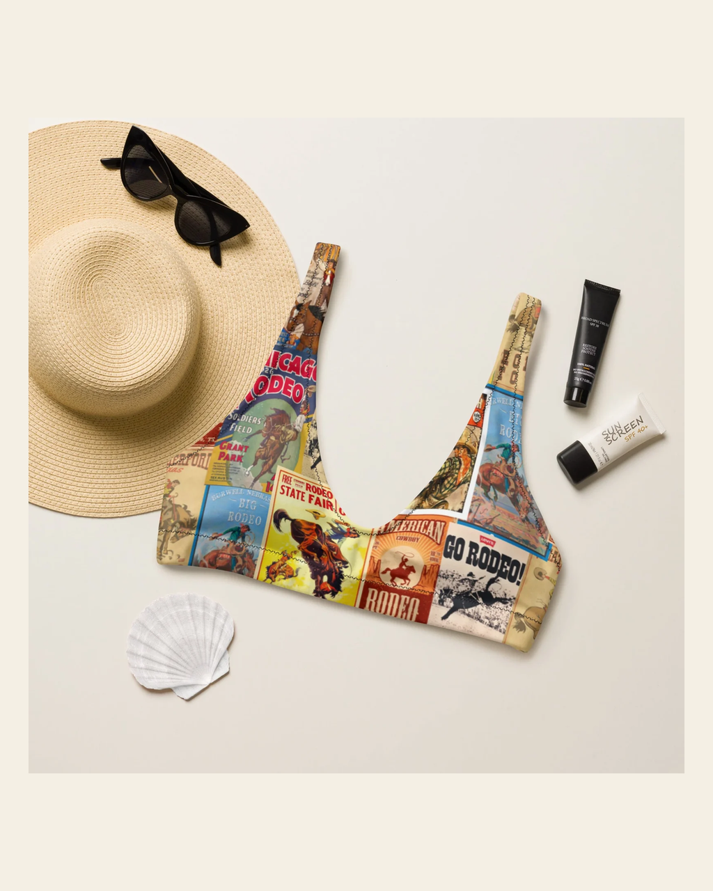 Baha Ranch Yeehaw Vintage Rodeo Poster Bikini Top on a warm cream background