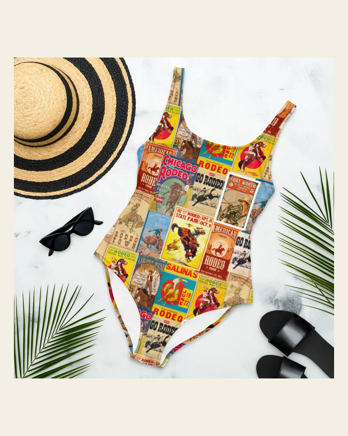 Baha Ranch Yeehaw Vintage Rodeo Poster One-Piece Swimsuit on a warm cream background