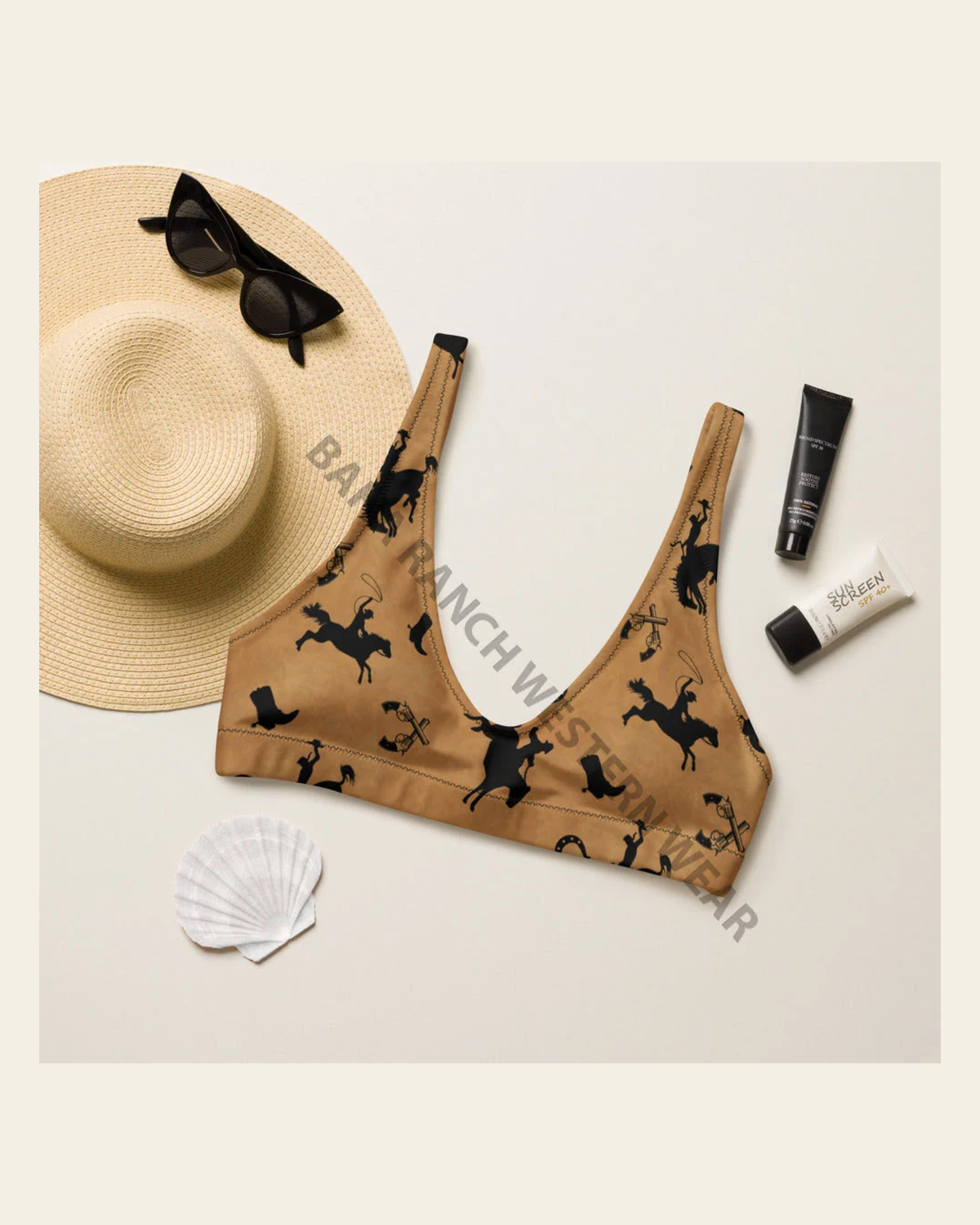Baha Ranch Yeehaw Vintage Western Bikini Top on a warm cream background