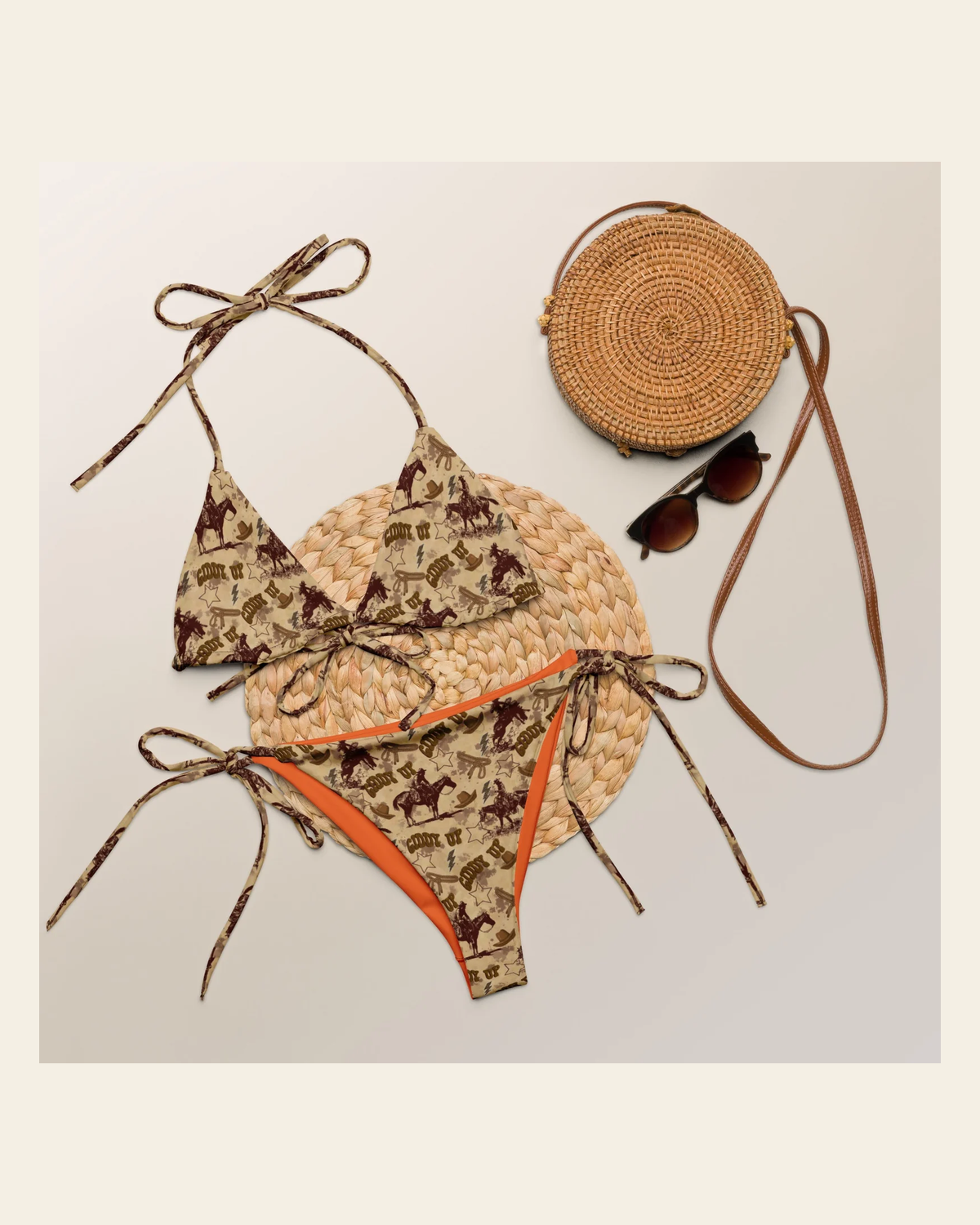 Baha Ranch Yeehaw Vintage Western String Bikini on a warm cream background