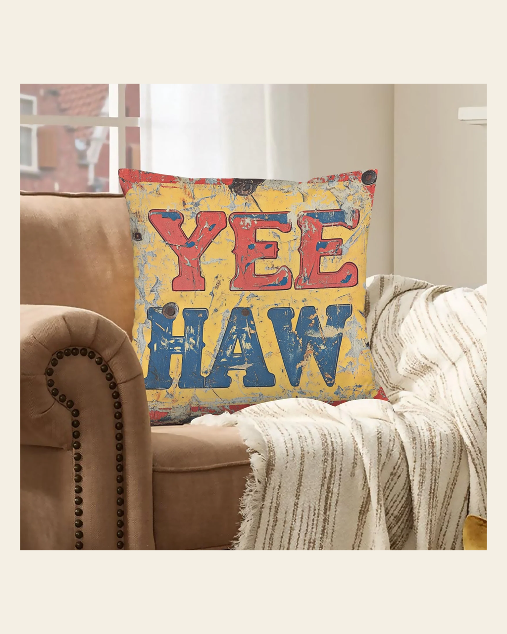 Baha Ranch YEEHAW Vintage Western Velvety Soft Pillow Case Made in America on a warm cream background