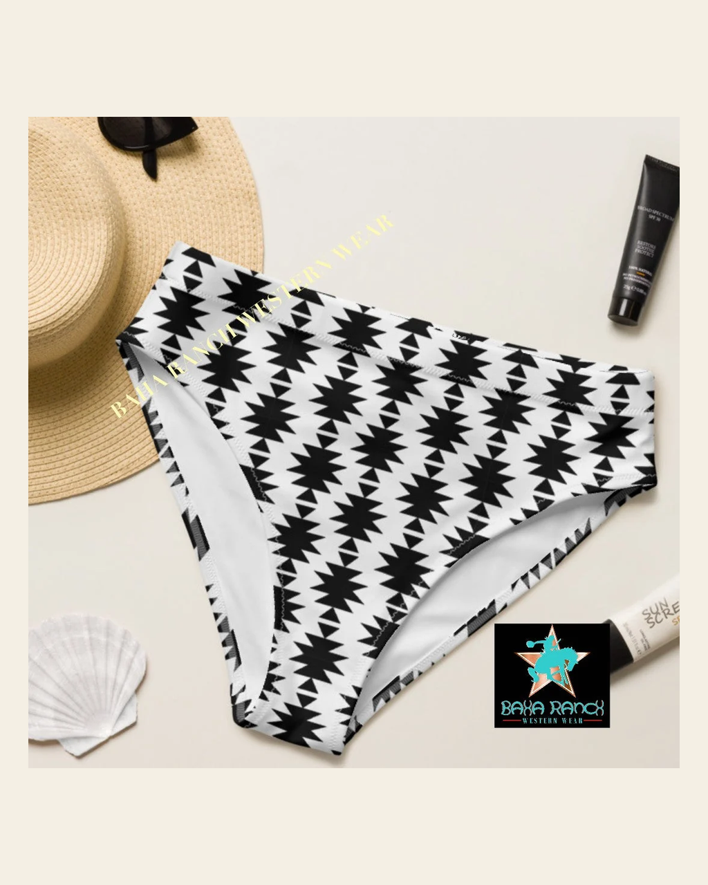 Baha Ranch Yeehaw White Aztec Bikini Bottom on a warm cream background