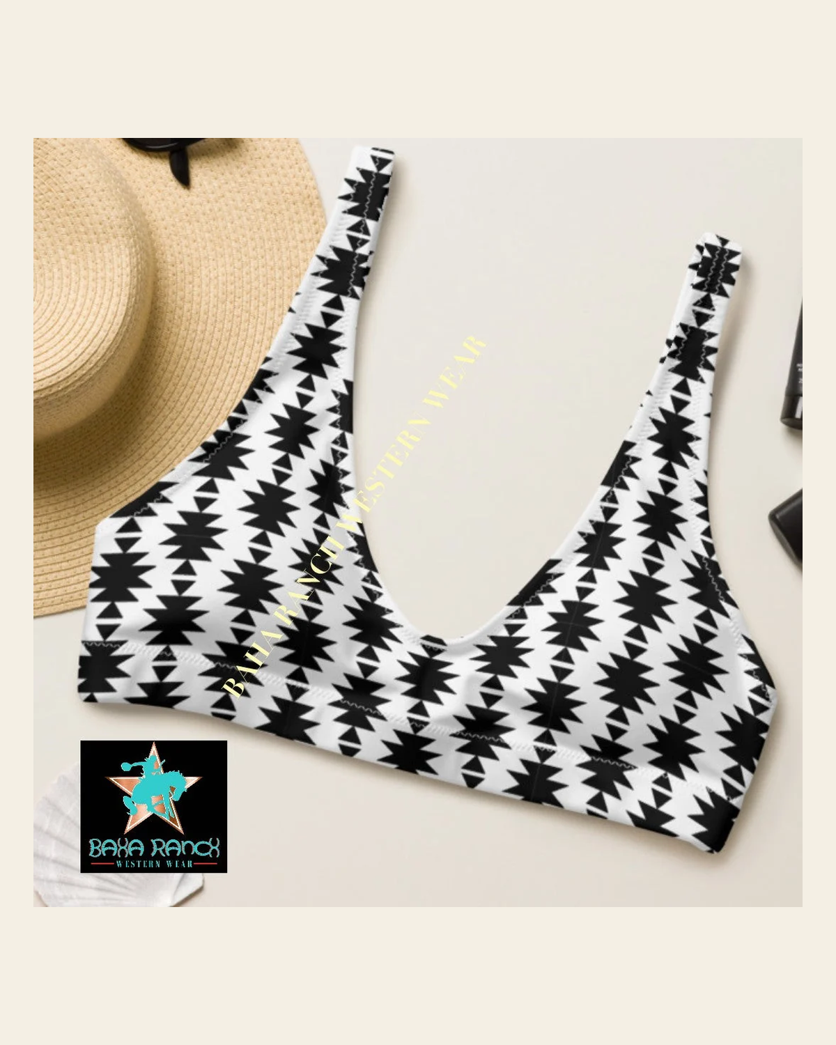 Baha Ranch Yeehaw White Aztec Bikini Top on a warm cream background