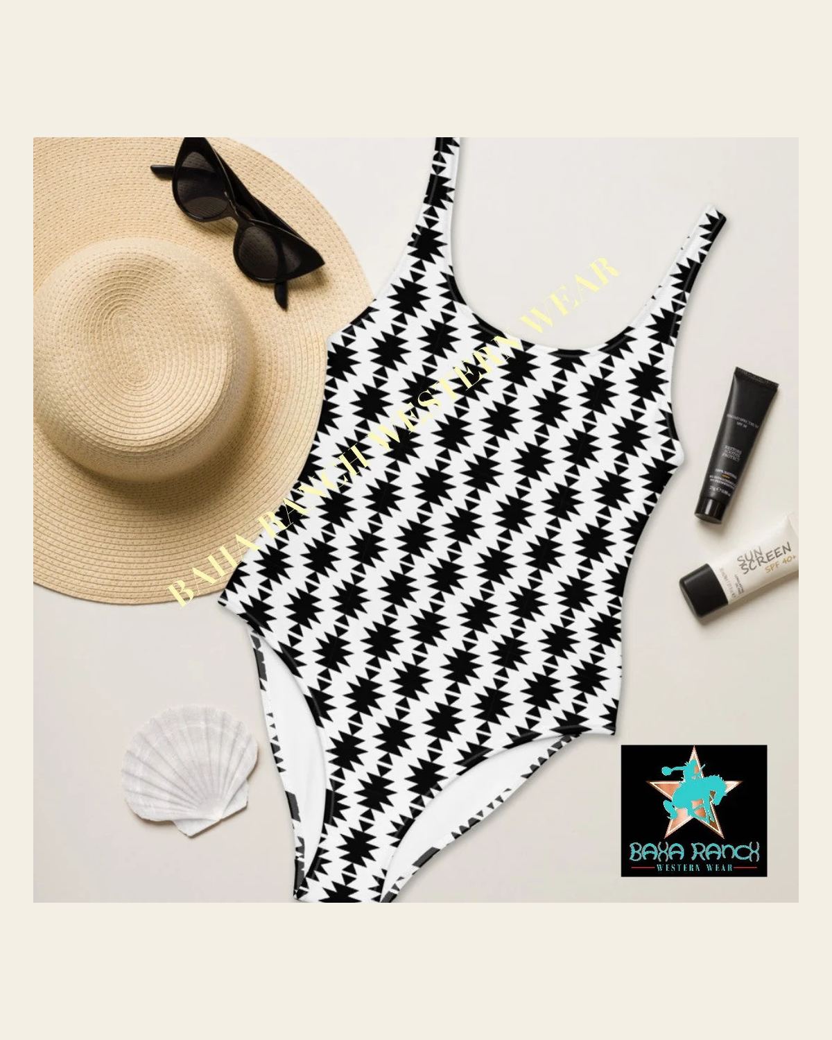 Baha Ranch Yeehaw White Aztec One Piece Swimsuit on a warm cream background