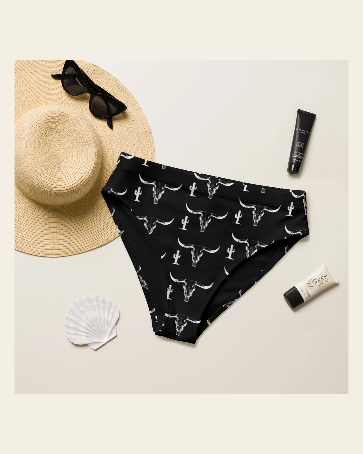 Baha Ranch Yeehaw White Bullhead Cactus Bikini Bottom on a warm cream background