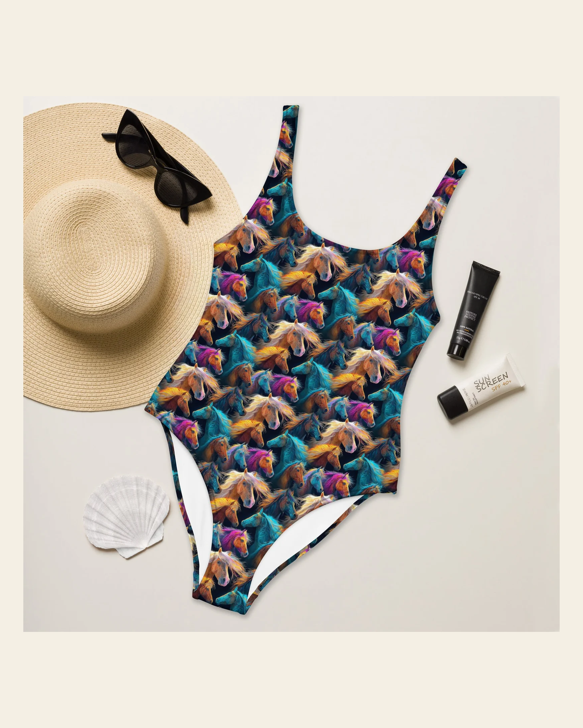 Baha Ranch Yeehaw Wild Horses One-Piece Swimsuit on a warm cream background